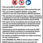 Warning label stating the Connelly Reverb Vest is not a life jacket or safety device and does not meet USCG or ISO standards.