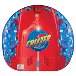 Cruzer Soft Top towable tube with a red and blue design, flame graphics, cushioned top, and multiple hand grips.
