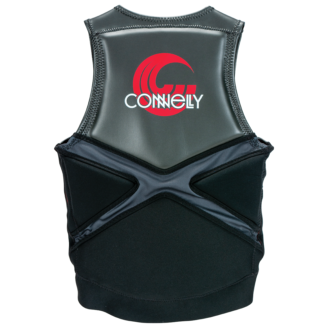 Back view of the Connelly Team Ski NCGA Vest in black with red accents, featuring a Connelly logo and ergonomic panel design.