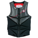Front view of the Connelly Team Ski NCGA Vest in black with red details, featuring a zippered closure and segmented foam panels for flexibility.