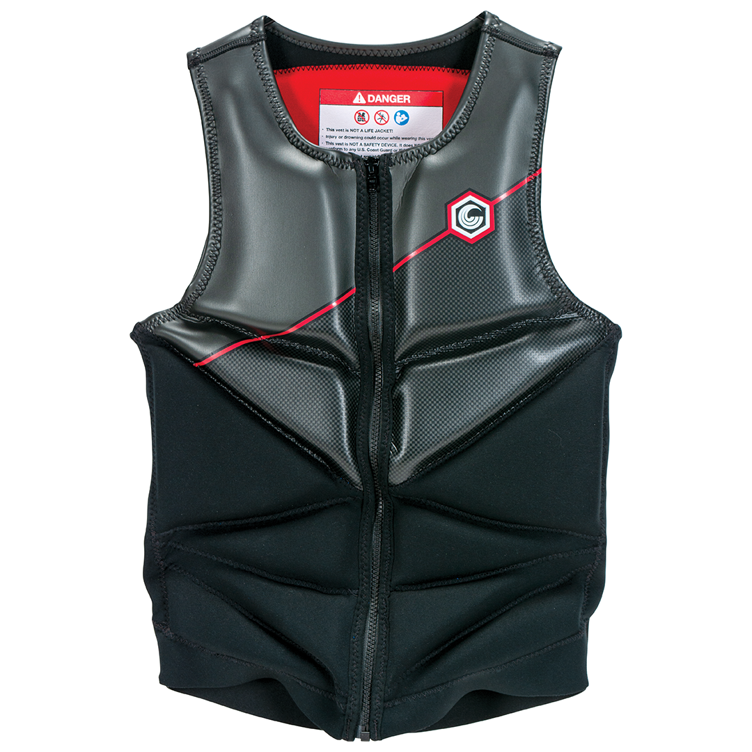 Front view of the Connelly Team Ski NCGA Vest in black with red details, featuring a zippered closure and segmented foam panels for flexibility.