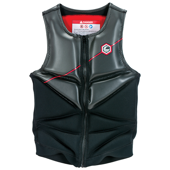 Front view of the Connelly Team Ski NCGA Vest in black with red details, featuring a zippered closure and segmented foam panels for flexibility.
