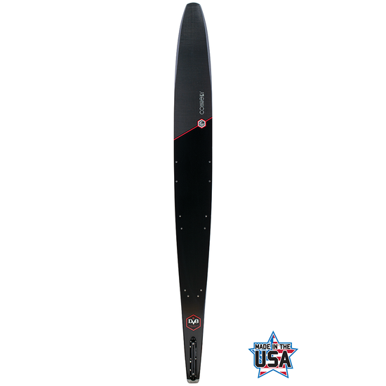Top view of the 2022 DV8 waterski in black and red with the Connelly logo, showing its sleek and high-performance design.