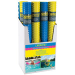 Retail display of blue and yellow Deluxe Party Noodles, showing their textured, ridged foam construction.