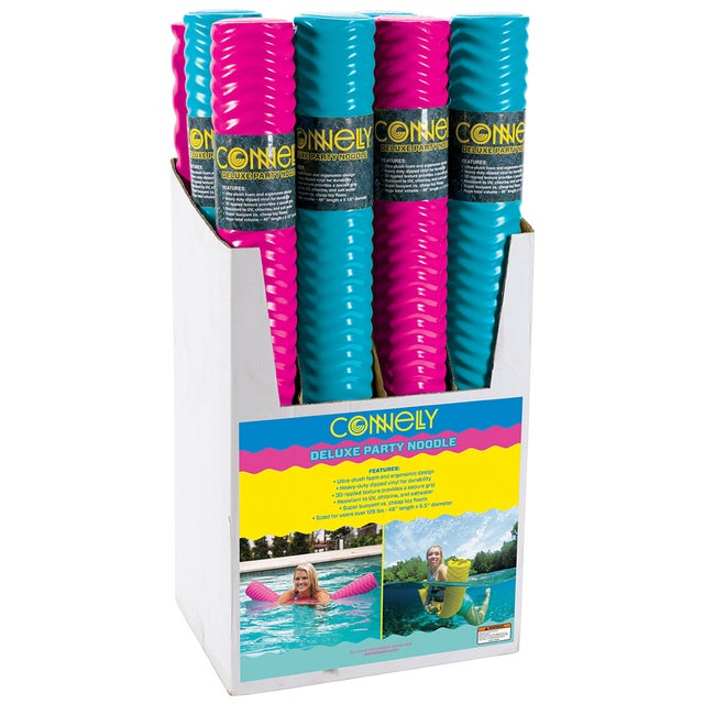 Retail display of pink and mint Deluxe Party Noodles, featuring textured ridges and foam construction.