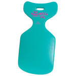 Top view of mint-colored foam saddle with a soft surface, wide seat support, and a branded logo above the ergonomic cutout.