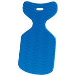 Back view of blue floating saddle with a curved ergonomic shape, textured pattern, and a built-in handle for a secure grip.