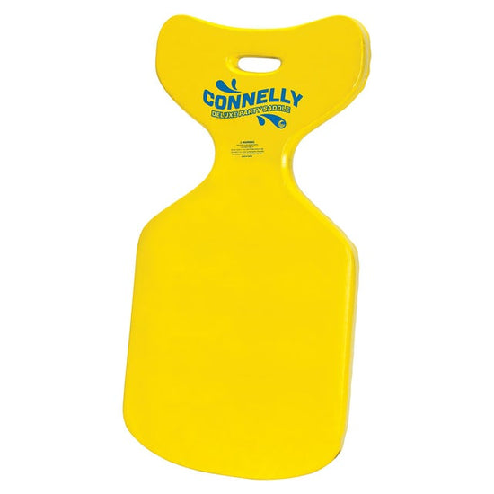 Top view of yellow floating saddle with a smooth finish, wide seat area, and printed branding near the top handle cutout.