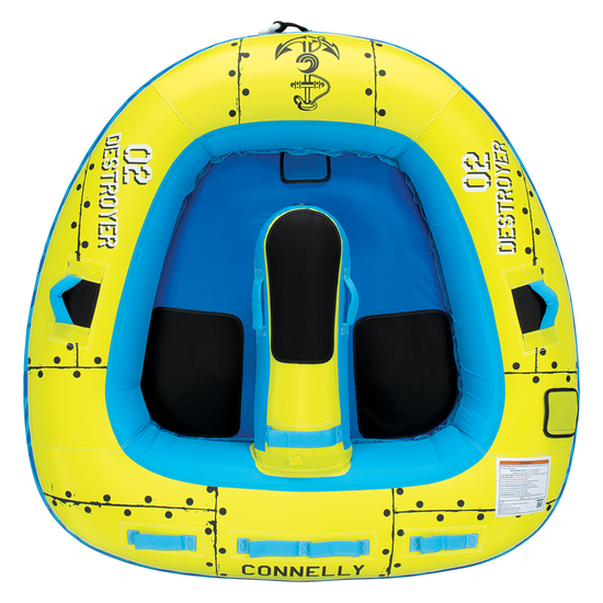Destroyer 2 yellow and blue two-person towable tube with padded backrests, side handles, and a central inflatable divider.