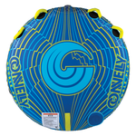 Top view of the Double Play towable tube, a round blue and yellow inflatable with multiple handles and geometric graphics.