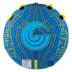 Top view of the Double Play towable tube, a round blue and yellow inflatable with multiple handles and geometric graphics.