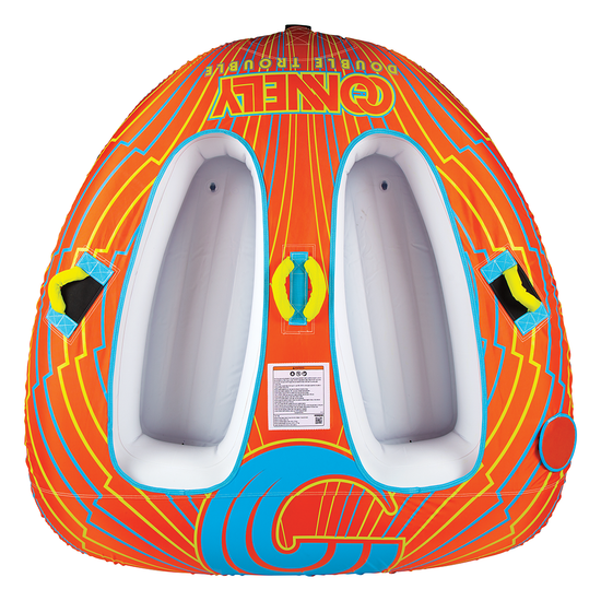 Top view of the Double Trouble towable tube in orange and blue with two recessed seats, handles, and bold graphics.