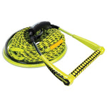 Coiled yellow and black Easy-Up Package tow rope with a textured handle, floating grip, and durable construction.