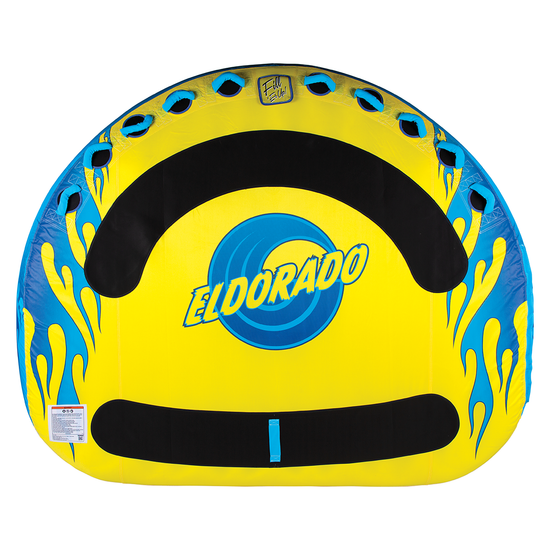 Top-down view of the Eldorado towable tube, featuring a yellow and blue design with flame graphics and multiple handles.