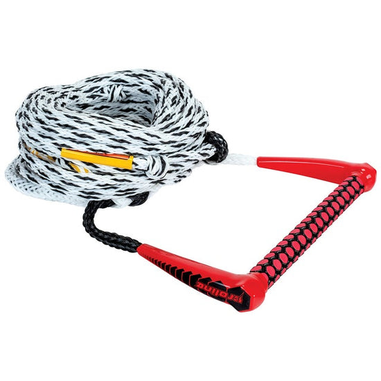 Red and black Eva Package wakeboard handle with a coiled white and black rope, shown at an angled view.