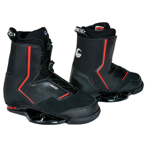 Pair of Faction wakeboard bindings with black boots, red accents, lace-up system, and flexible yet supportive design.