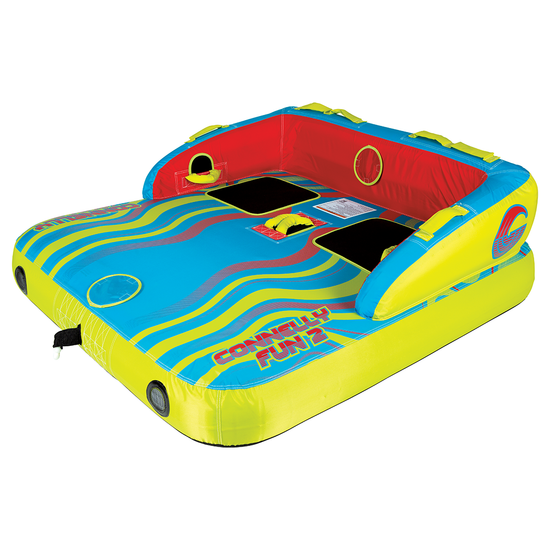 View of the Fun 2 towable tube showing its bright blue, yellow, and red design with backrests, handles, and seating area.