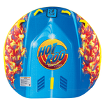 Top view of the Hot Rod Soft Top towable tube featuring a blue body, flame graphics, yellow grab handles, and a bold logo.