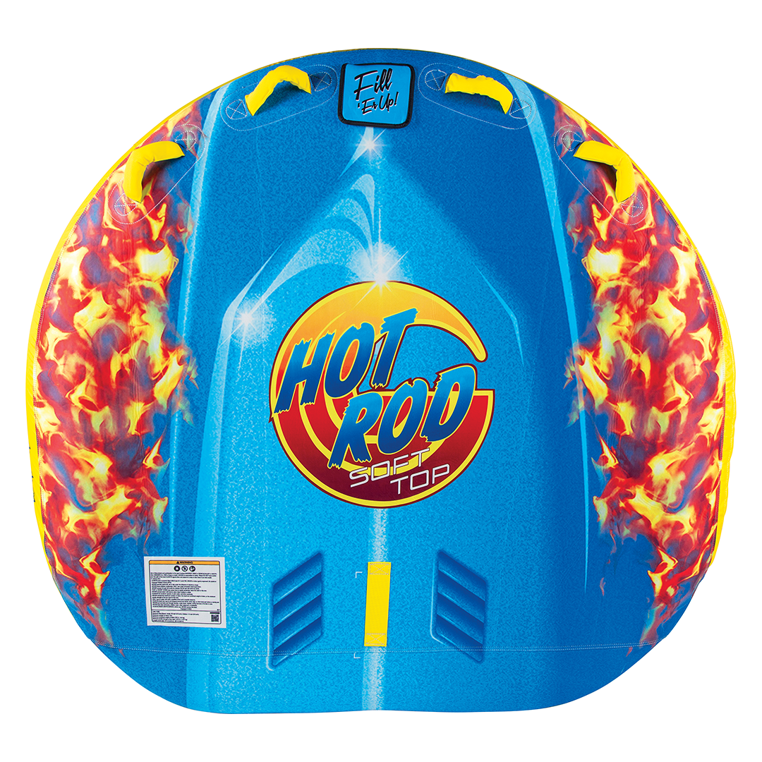 Top view of the Hot Rod Soft Top towable tube featuring a blue body, flame graphics, yellow grab handles, and a bold logo.