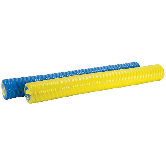 Two Mega Party Noodles side by side, one in bright yellow and the other in blue, both featuring a wavy-textured design.