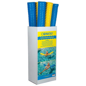 Display box of Mega Party Noodles, featuring blue and yellow foam noodles with a wavy texture and product details on front.