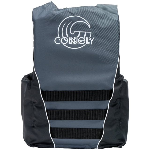 Back view of Men's Tunnel Nylon life vest in dark gray with white piping, large logo, and three horizontal straps.