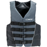 Front view of Men's Tunnel Nylon life vest in dark gray with white accents, four buckle straps, and a V-neck design.