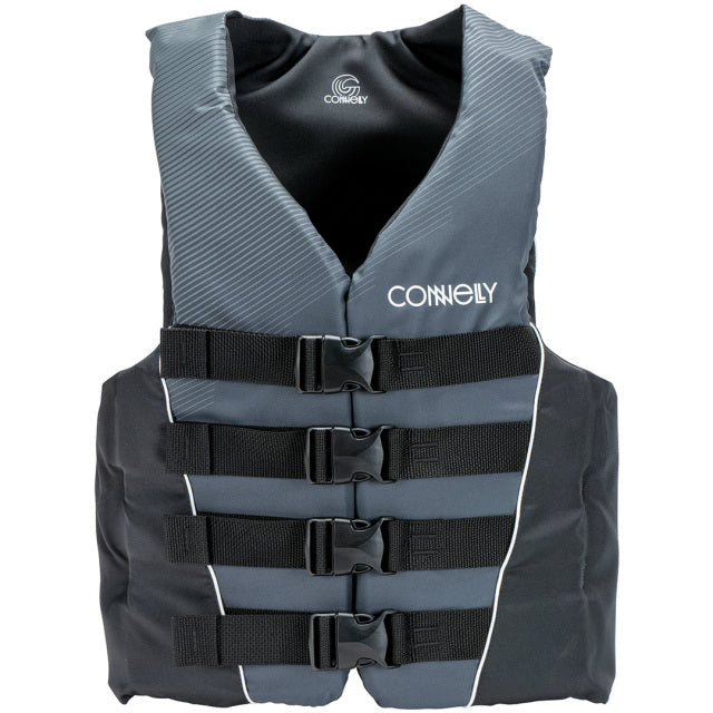 Front view of Men's Tunnel Nylon life vest in dark gray with white accents, four buckle straps, and a V-neck design.
