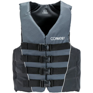Front view of Men's Tunnel Nylon life vest in dark gray with white accents, four buckle straps, and a V-neck design.