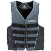 Front view of Men's Tunnel Nylon life vest in dark gray with white accents, four buckle straps, and a V-neck design.