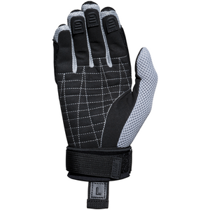 Back of the Men's Talon Glove in black and gray, featuring a textured palm, grip-enhancing stitching, and adjustable strap.