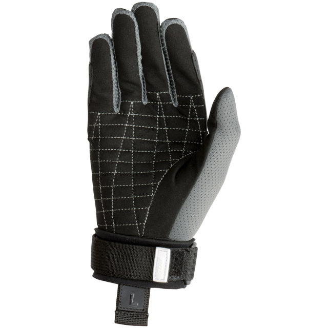 Back of the Men's Team Glove in black and gray, featuring a textured palm, grip-enhancing stitching, and adjustable strap.