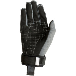 Back of the Men's Team Glove in black and gray, featuring a textured palm, grip-enhancing stitching, and adjustable strap.