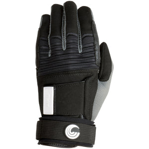 Front view of the Men's Team Glove in black and gray with a ribbed top, reinforced fingers, wrist strap, and logo patch.