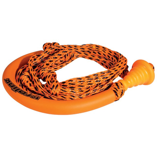 Coiled Mini Tug surf rope in orange and black, featuring a curved orange handle with a logo and an orange rubber end cap.