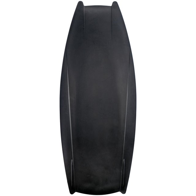 Bottom view of the Mirage kneeboard in solid black with molded fins and a sleek, hydrodynamic shape.