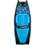 Top view of the Mirage kneeboard with a blue padded knee area, black strap, and a blue graphic design.