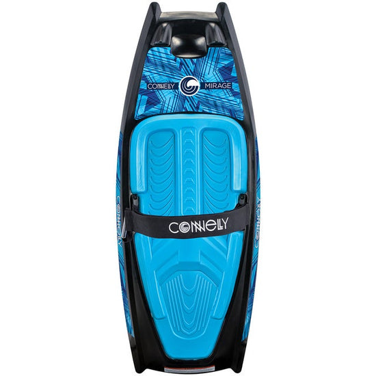 Top view of the Mirage kneeboard with a blue padded knee area, black strap, and a blue graphic design.