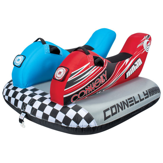 Angled view of the Ninja 2 towable tube, featuring two motorcycle-style seats in red and blue on a checkered racing base.