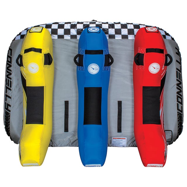 Top-down view of the Ninja 3 towable tube, showing three padded seats with black grip handles on a gray and checkered base.