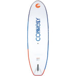 The underside of the Pacific ISUP, with a white finish, blue and orange edges, and a single fin mount.
