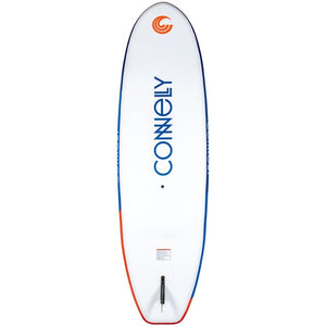 The underside of the Pacific ISUP, with a white finish, blue and orange edges, and a single fin mount.