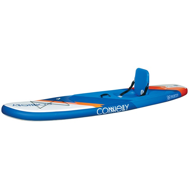 The Pacific ISUP, featuring a blue, white, and orange design with a built-in kayak-style seat.