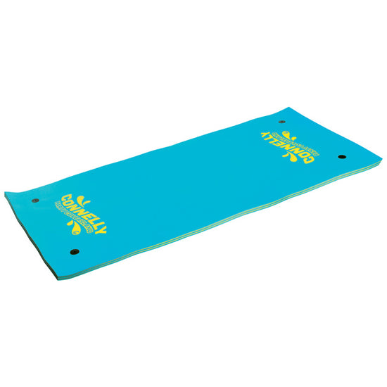 Angled product view of the 12'x6' Party Cove Island Deluxe, a blue floating mat with yellow branding and black anchor points.