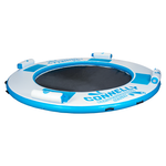 Angled view of the Party Cove Lagoon Deluxe, a round float with a black mesh center, white and blue ring, and padded rests.