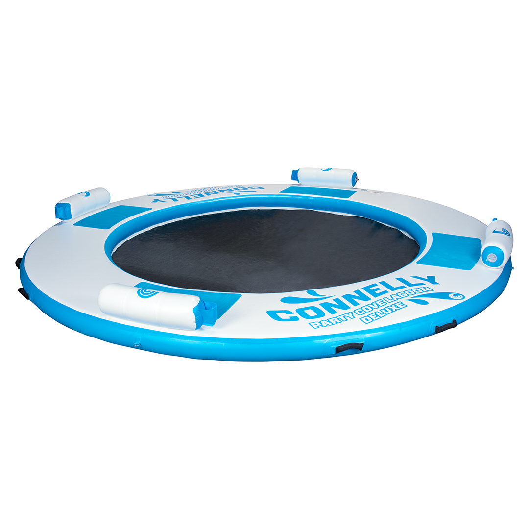 Angled view of the Party Cove Lagoon Deluxe, a round float with a black mesh center, white and blue ring, and padded rests.