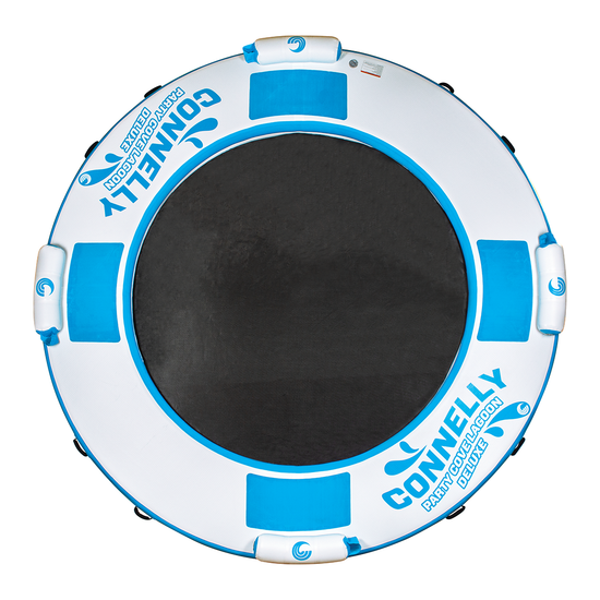 Top-down view of the Party Cove Lagoon Deluxe, showcasing its blue and white inflatable ring with a black mesh center.