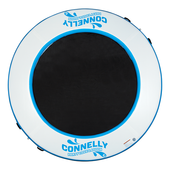 Top-down product view of the Party Cove Lagoon, showcasing its blue and white inflatable ring with a black mesh center.