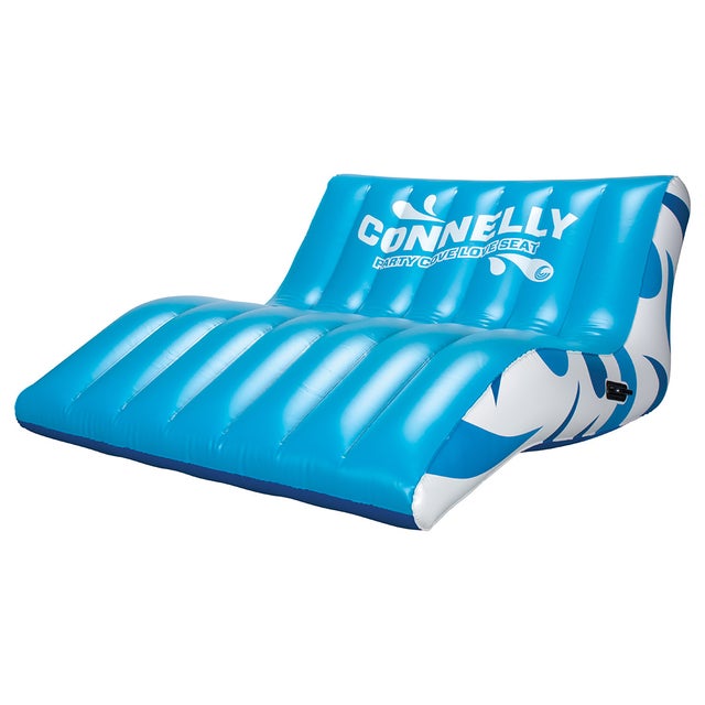 Angled view of the Party Cove Love Seat, a blue and white inflatable lounge with a contoured backrest and ribbed seating.