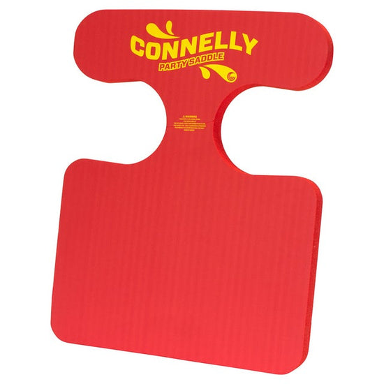 Red Party Saddle floating seat with a contoured shape and yellow branding.